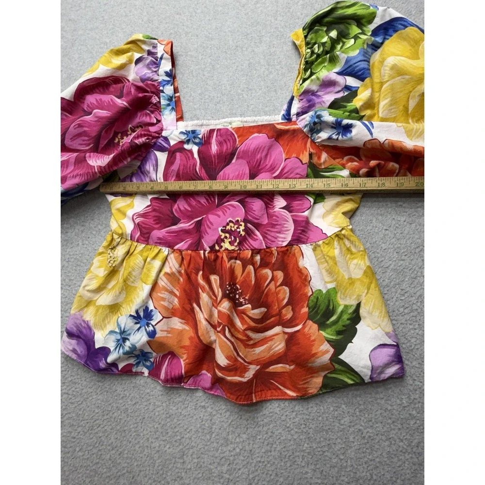 Farm Rio Blouse Womens Large Multicolor Floral Puff Sleeve Square Neck Boho